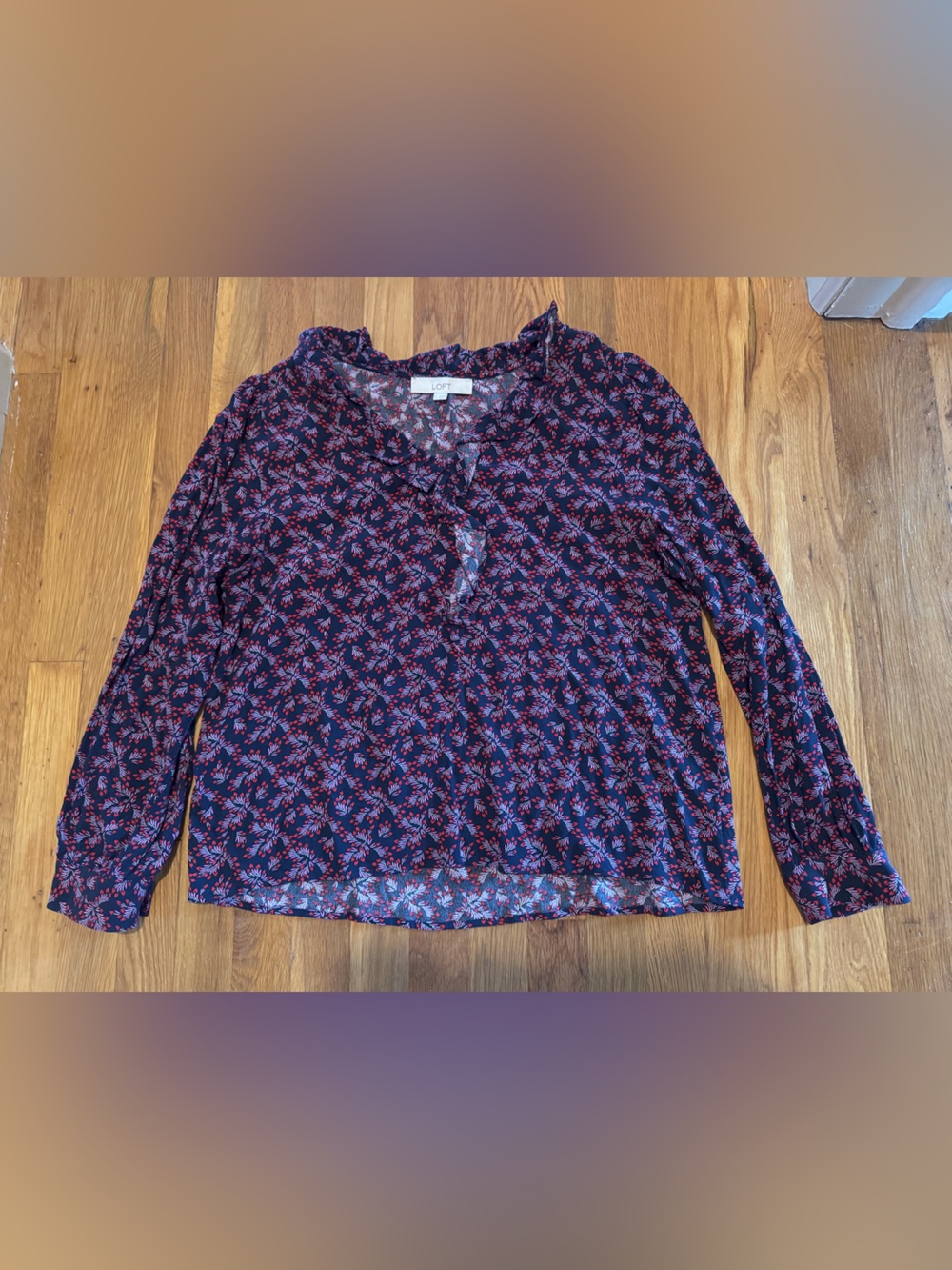 LOFT Navy Floral Long Sleeve Ruffle-Trim Blouse